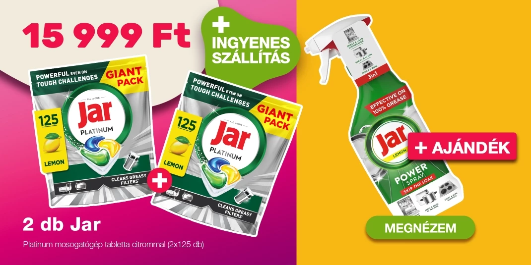 INGYENES SZÁLLÍTÁS - Jar Platinum mosogatógép tabletta citrommal (2x125 db) + ajándék Jar Power Spray