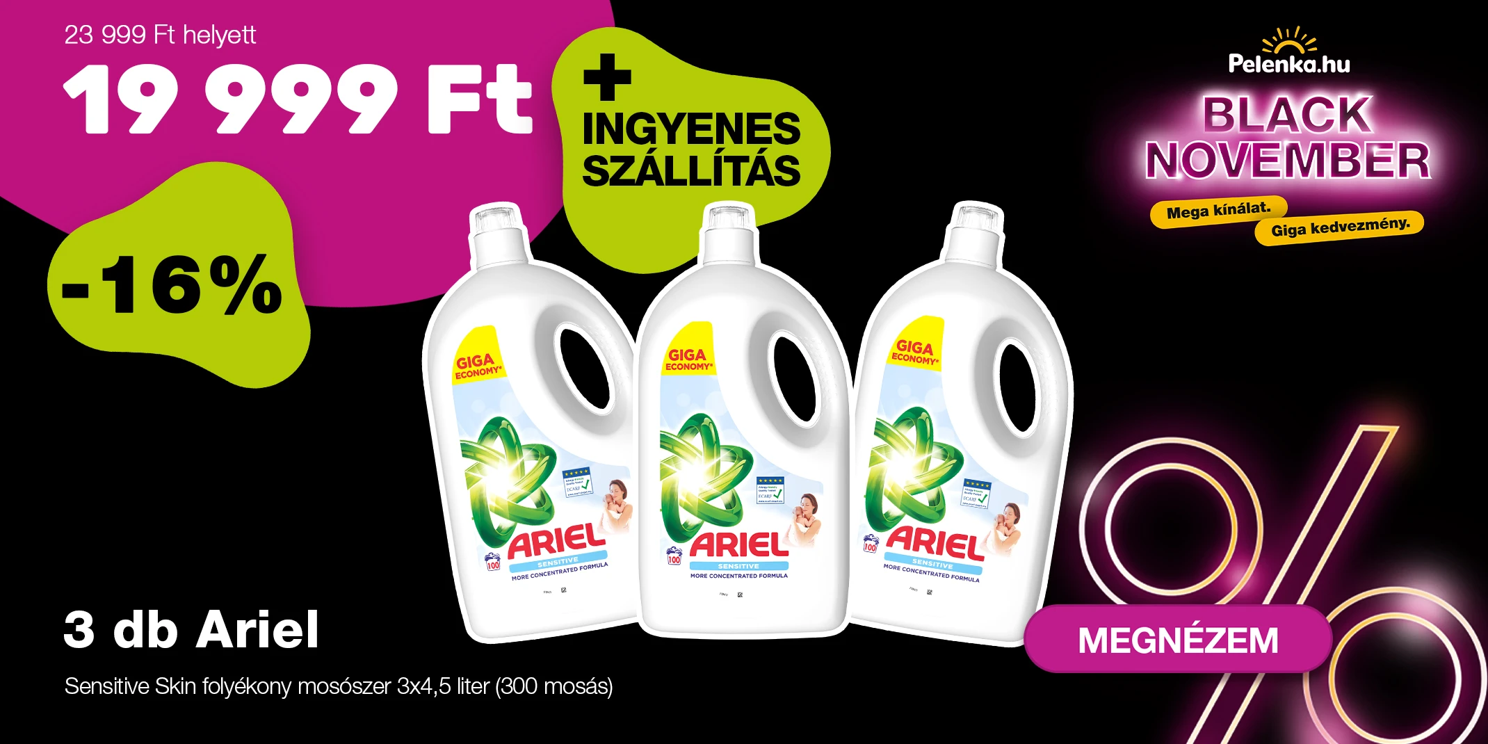 INGYENES SZÁLLÍTÁS - Ariel Sensitive Skin folyékony mosószer 3x4,5 liter (300 mosás)
