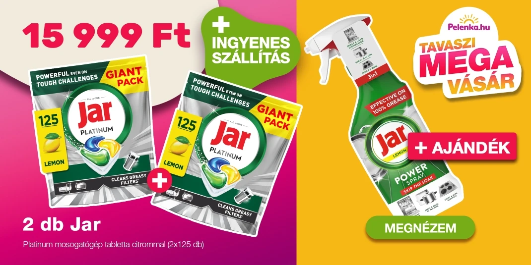 INGYENES SZÁLLÍTÁS - Jar Platinum mosogatógép tabletta citrommal (2x125 db) + ajándék Jar Power Spray