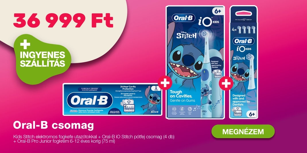 Oral-B Kids Stitch elektromos fogkefe utazótokkal + Oral-B iO Stitch pótfej csomag (4 db) + Oral-B Pro Junior fogkrém 6-12 éves korig (75 ml)