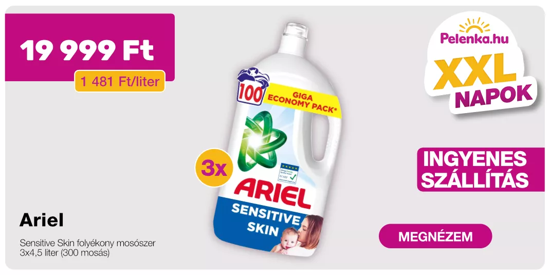INGYENES SZÁLLÍTÁS - Ariel Sensitive Skin folyékony mosószer 3x4,5 liter (300 mosás)