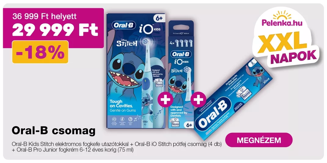Oral-B Kids Stitch elektromos fogkefe utazótokkal + Oral-B iO Stitch pótfej csomag (4 db) + Oral-B Pro Junior fogkrém 6-12 éves korig (75 ml)