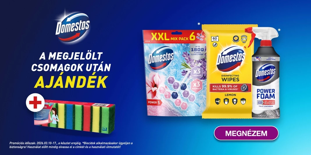 Domestos termékekhez ajándék Vileda mosogatószivacs jár a készlet erejéig!