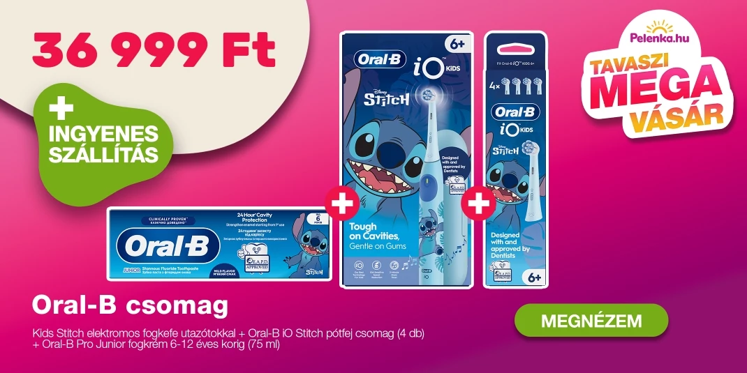 Oral-B Kids Stitch elektromos fogkefe utazótokkal + Oral-B iO Stitch pótfej csomag (4 db) + Oral-B Pro Junior fogkrém 6-12 éves korig (75 ml)