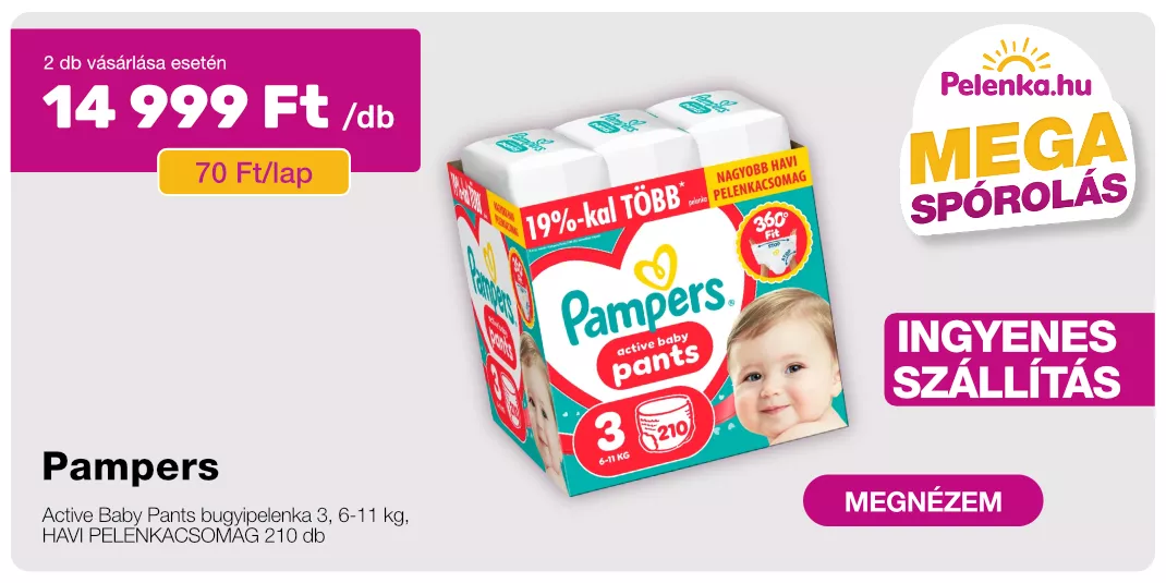 INGYENES SZÁLLÍTÁS - Pampers Active Baby Pants bugyipelenka 3, 6-11 kg, KÉTHAVI PELENKACSOMAG 420 db