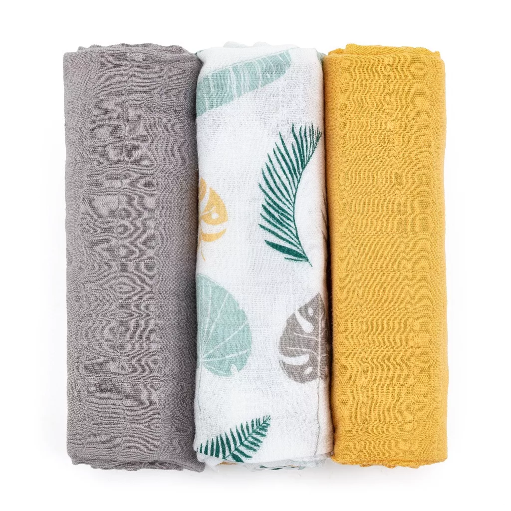 PETITE&MARS Bambusz muszlin 3db-os pelenka szett Moussy Ochre Leaves, 68 x 68 cm