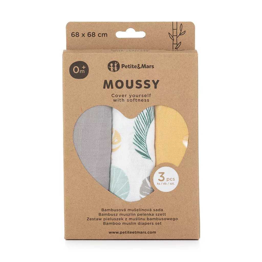 PETITE&MARS Bambusz muszlin 3db-os pelenka szett Moussy Ochre Leaves, 68 x 68 cm