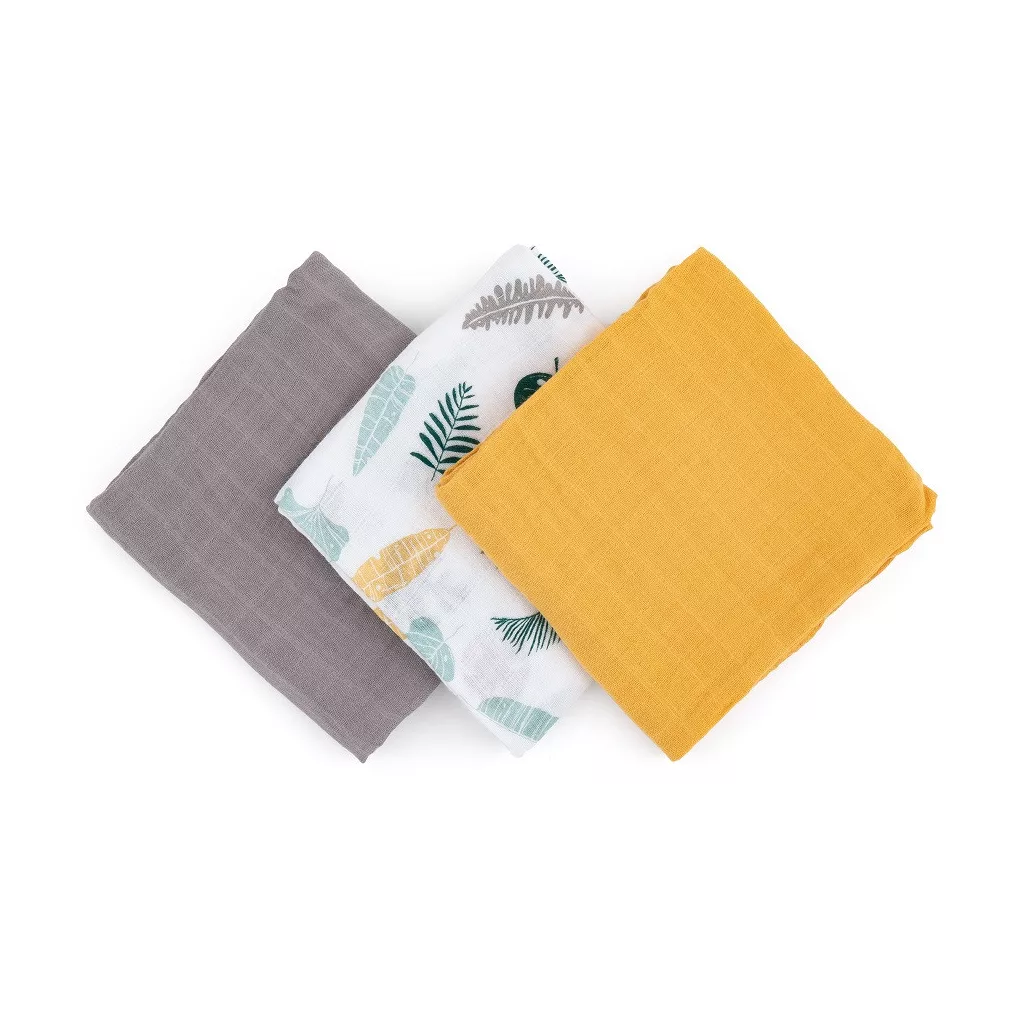 PETITE&MARS Bambusz muszlin 3db-os pelenka szett Moussy Ochre Leaves, 68 x 68 cm