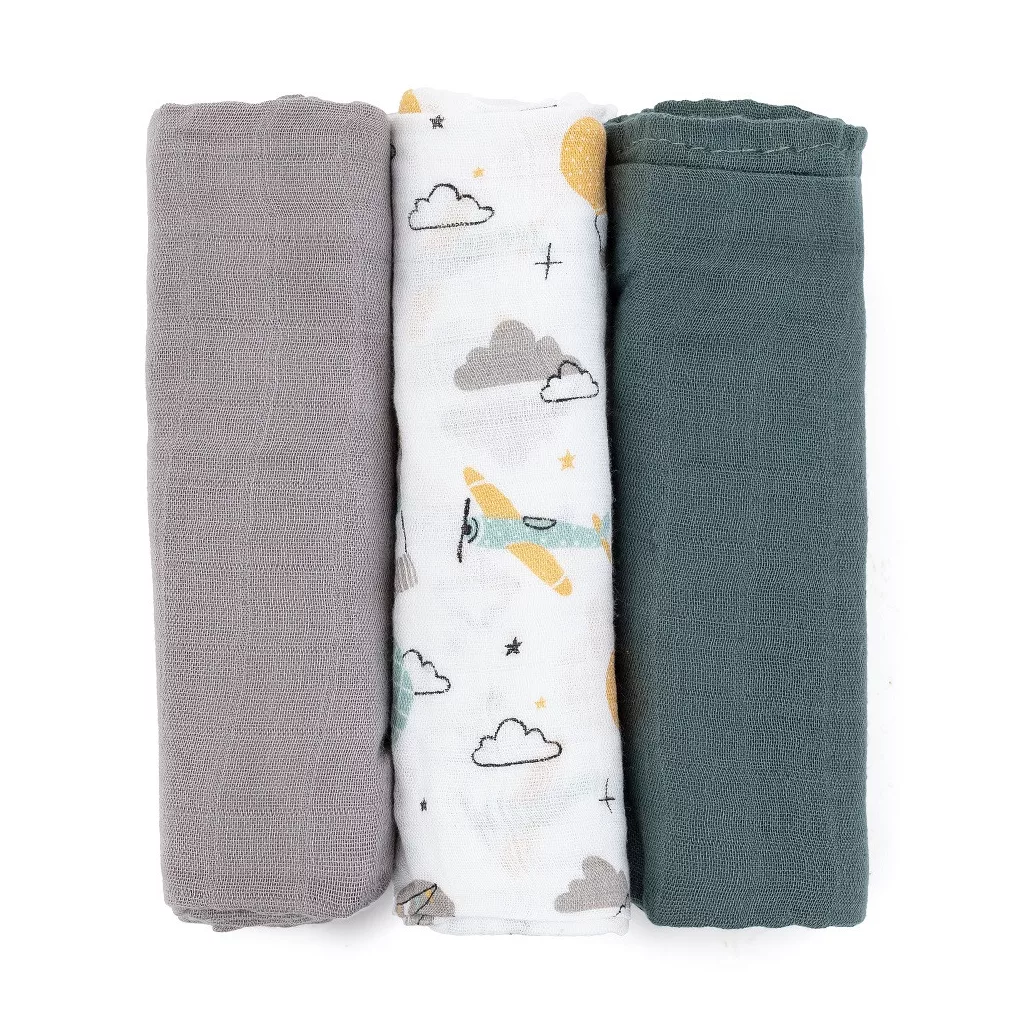 PETITE&MARS Bambusz muszlin 3db-os pelenka szett Moussy Grey Planes, 68 x 68 cm