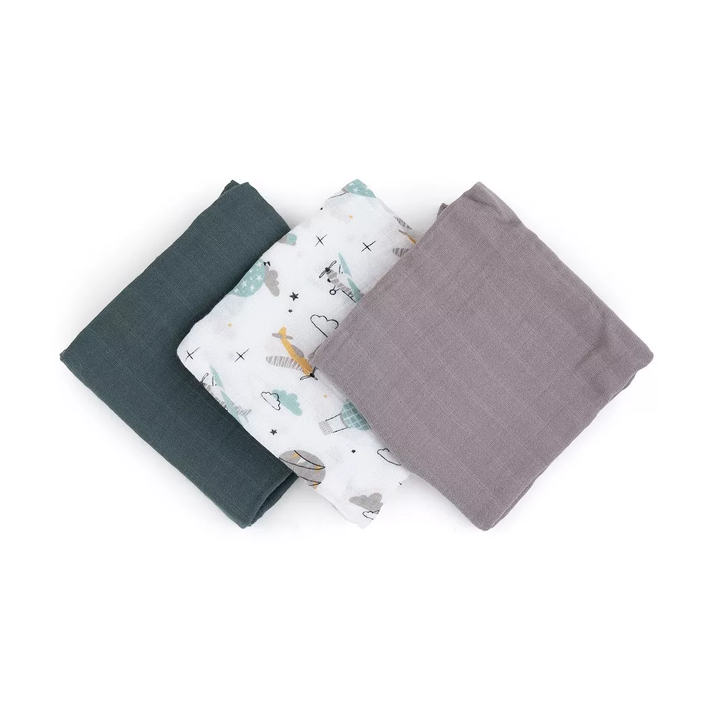 PETITE&MARS Bambusz muszlin 3db-os pelenka szett Moussy Grey Planes, 68 x 68 cm