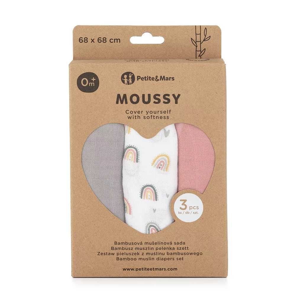 PETITE&MARS Bambusz muszlin 3db-os pelenka szett Moussy Rose Rainbows, 68 x 68 cm