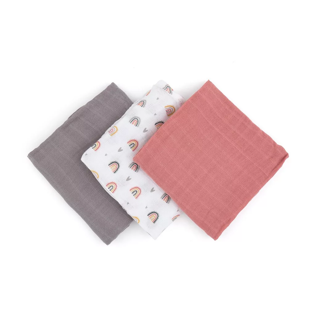 PETITE&MARS Bambusz muszlin 3db-os pelenka szett Moussy Rose Rainbows, 68 x 68 cm