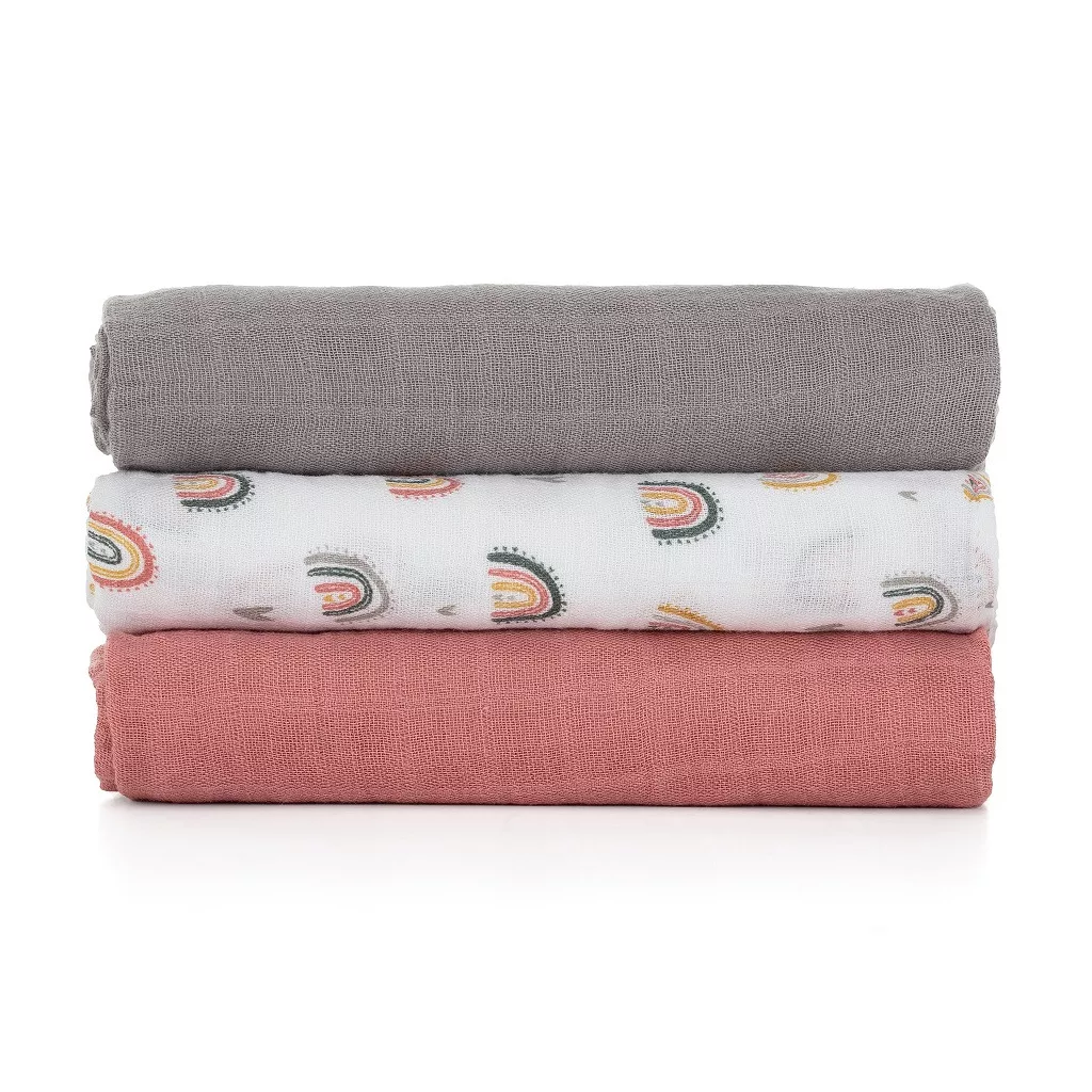 PETITE&MARS Bambusz muszlin 3db-os pelenka szett Moussy Rose Rainbows, 68 x 68 cm