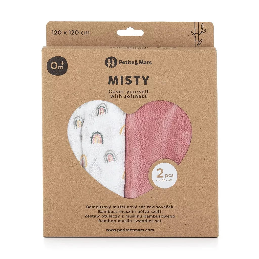 PETITE&MARS Bambusz muszlin 2db-os pelenka szett Misty Rose Rainbow, 120 x 120 cm