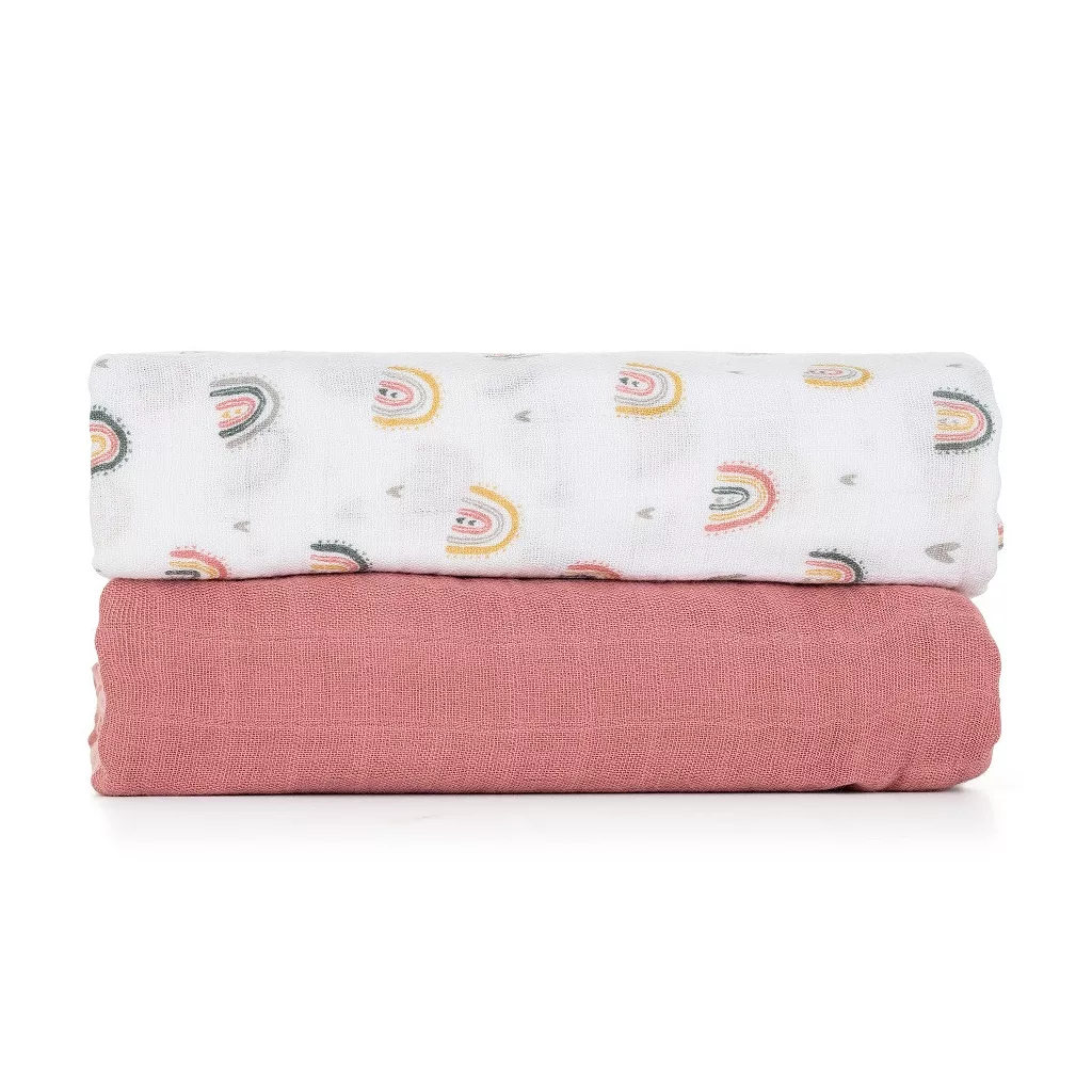 PETITE&MARS Bambusz muszlin 2db-os pelenka szett Misty Rose Rainbow, 120 x 120 cm