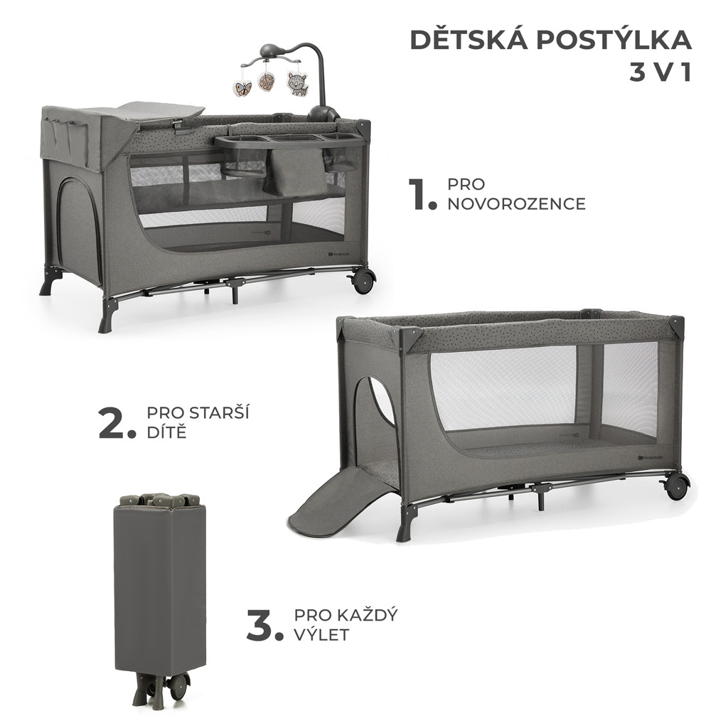 KINDERKRAFT Utazóágy Joy 2 kiegészítőkkel Dark grey