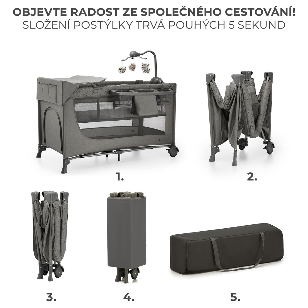 KINDERKRAFT Utazóágy Joy 2 kiegészítőkkel Dark grey