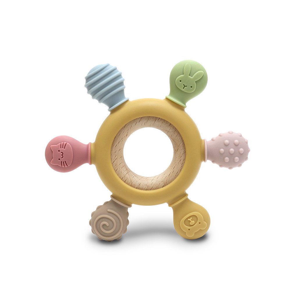 Lorelli Kormánykerék szilikon és bükkfa rágóka - Yellow