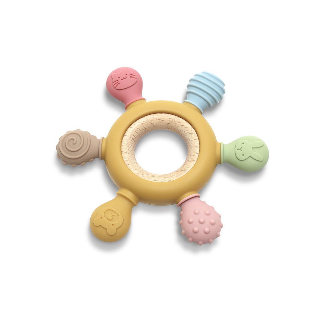 Lorelli Kormánykerék szilikon és bükkfa rágóka - Yellow