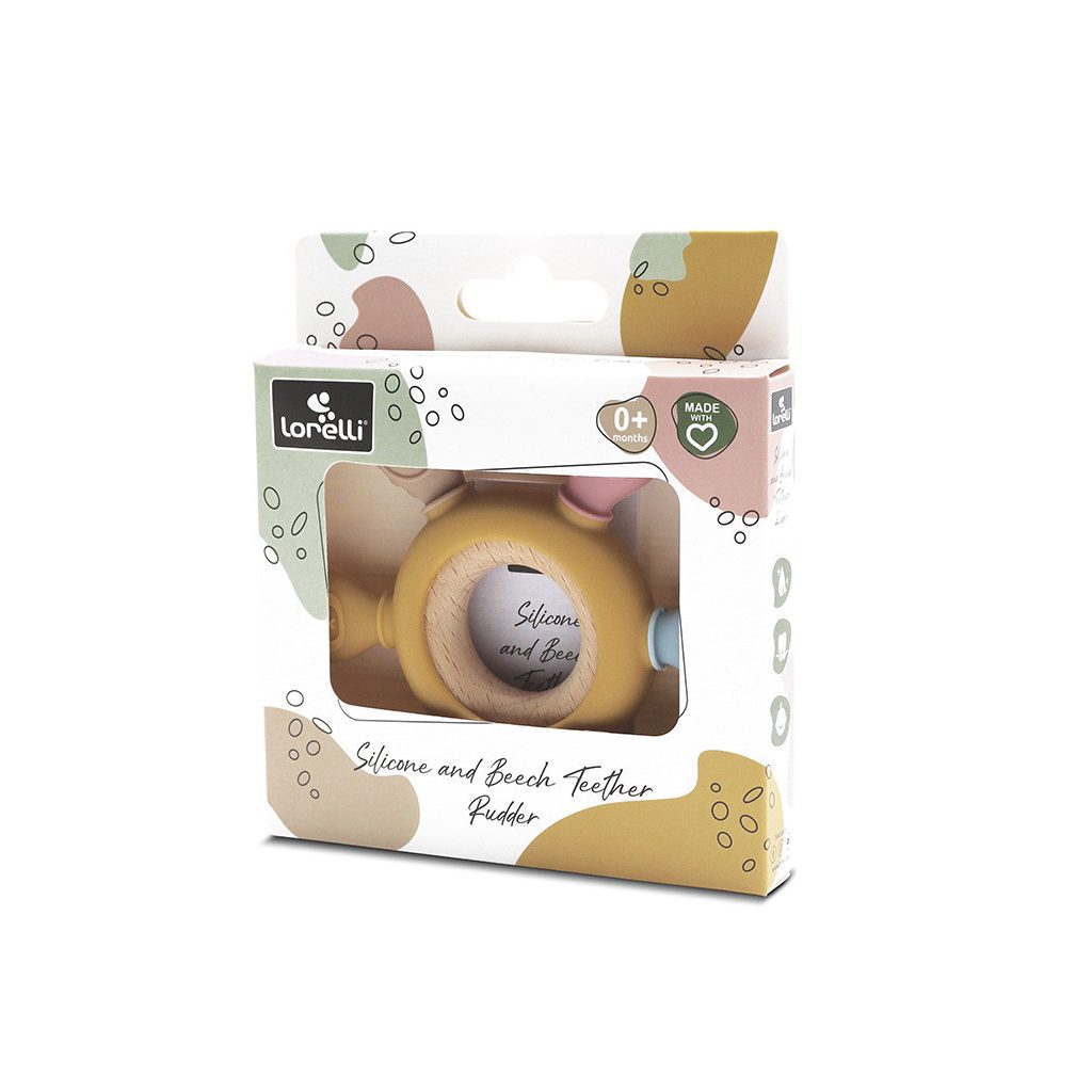 Lorelli Kormánykerék szilikon és bükkfa rágóka - Yellow