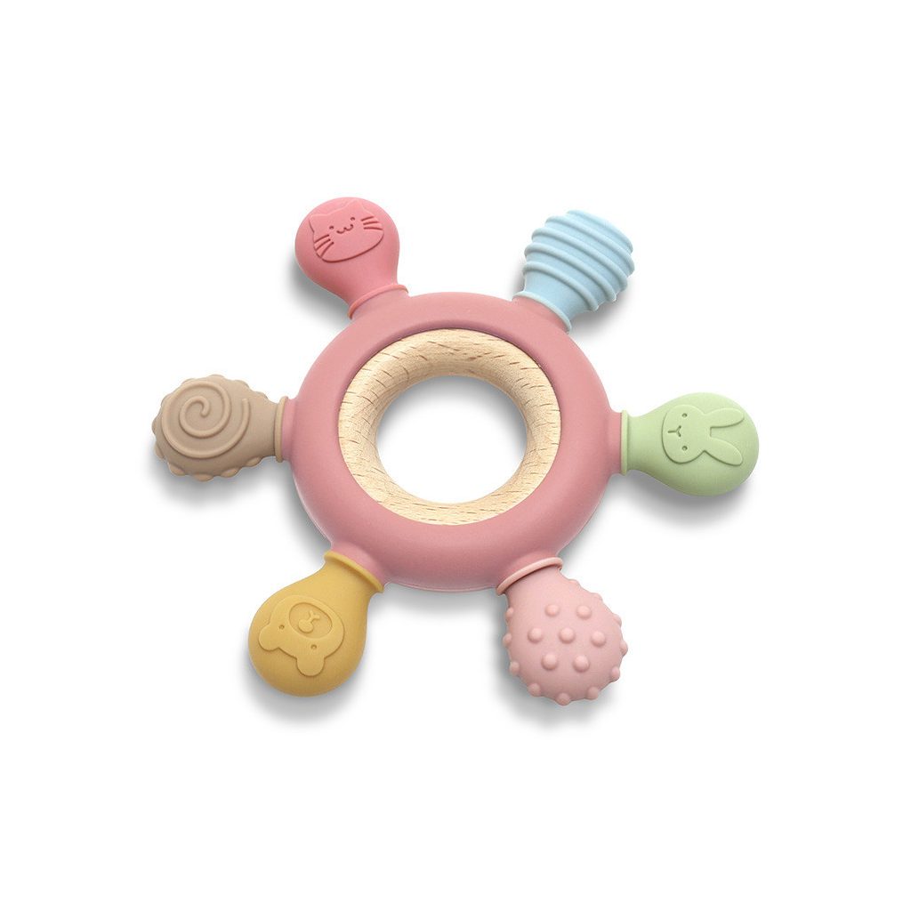 Lorelli Kormánykerék szilikon és bükkfa rágóka - Deep Pink