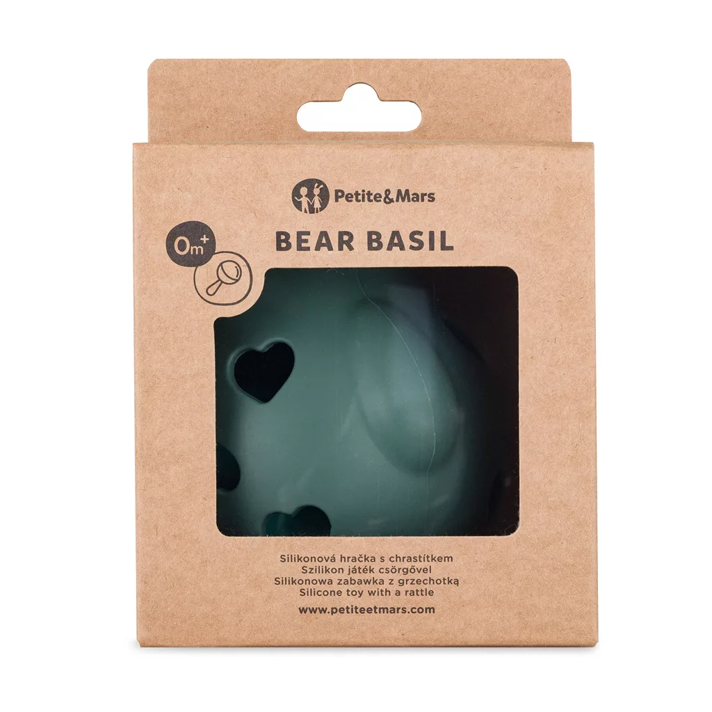 PETITE&MARS Szilikon játék csörgővel Bear Basil Misty Green 0m+