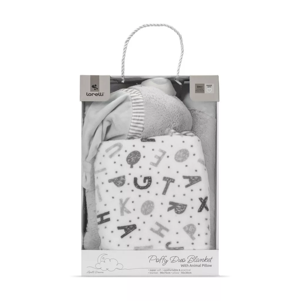 Lorelli Poffy Duo takaró 75x90 cm párnával 45x30 cm - White Grey Teddy Bear