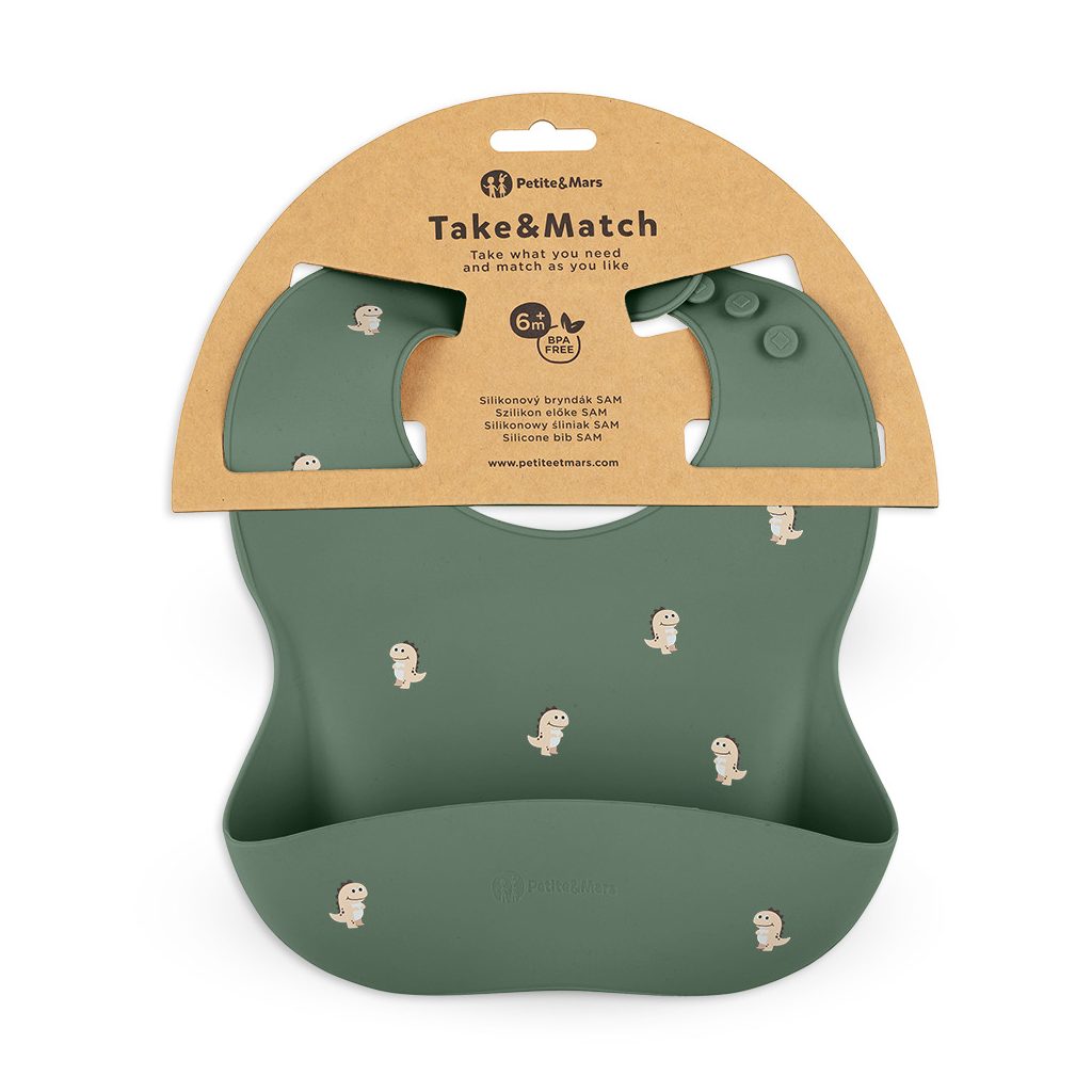 PETITE&MARS Szilikon előke Take&Match Green Dinos 6m+
