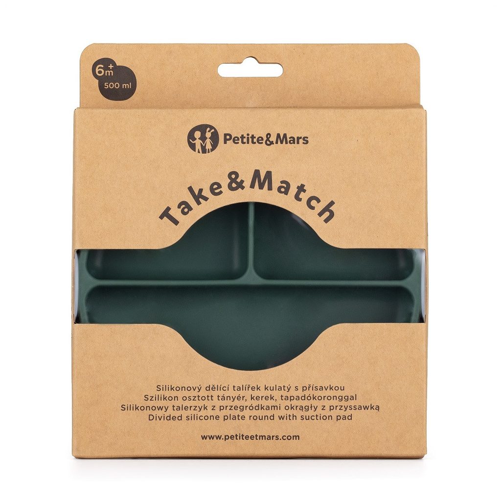 PETITE&MARS Szilikon osztott tányér, kerek Take&Match Misty Green 6m+