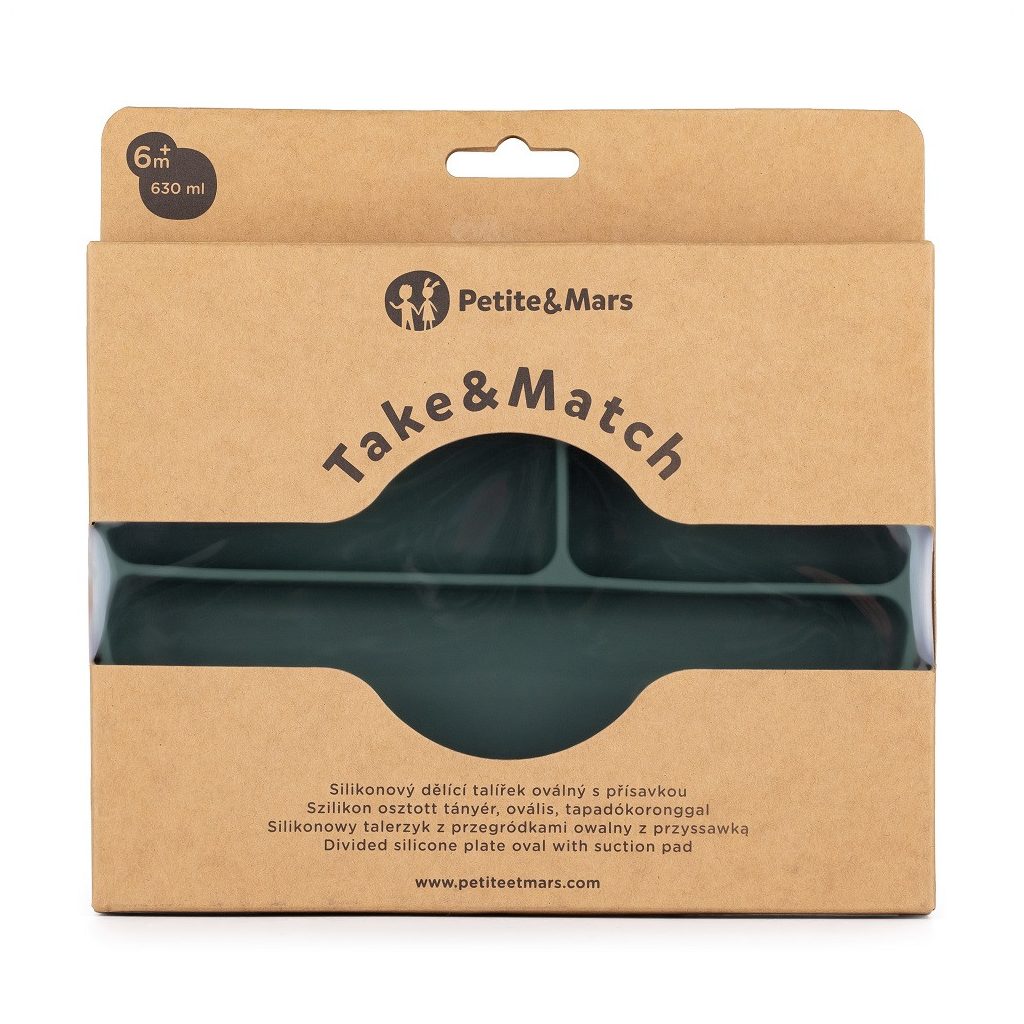 PETITE&MARS Szilikon osztott tányér, ovális Take&Match Misty Green 6m+