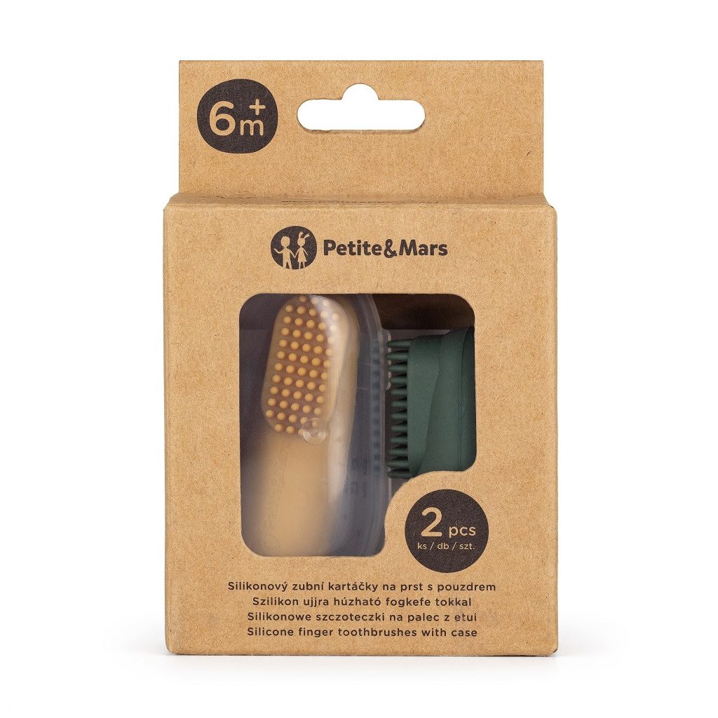 PETITE&MARS Szilikon ujjra húzható fogkefe szett Ochre&Green 2 db 0m+