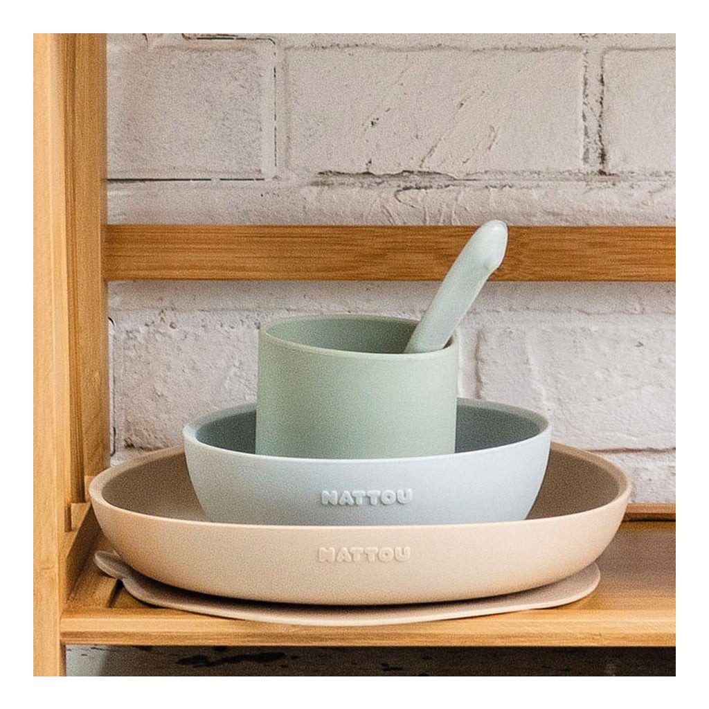 NATTOU Szilikon étkészlet 4 db-os homok-zöld BPA mentes