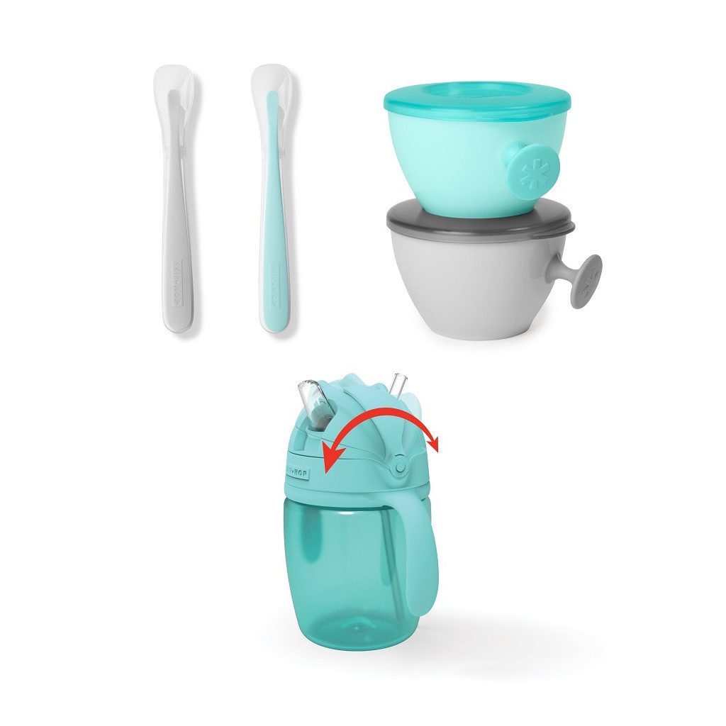 SKIP HOP 5 darabos étkezési készlet pohárral Easy-Feed Mealtime Set Teal/Grey 6m+