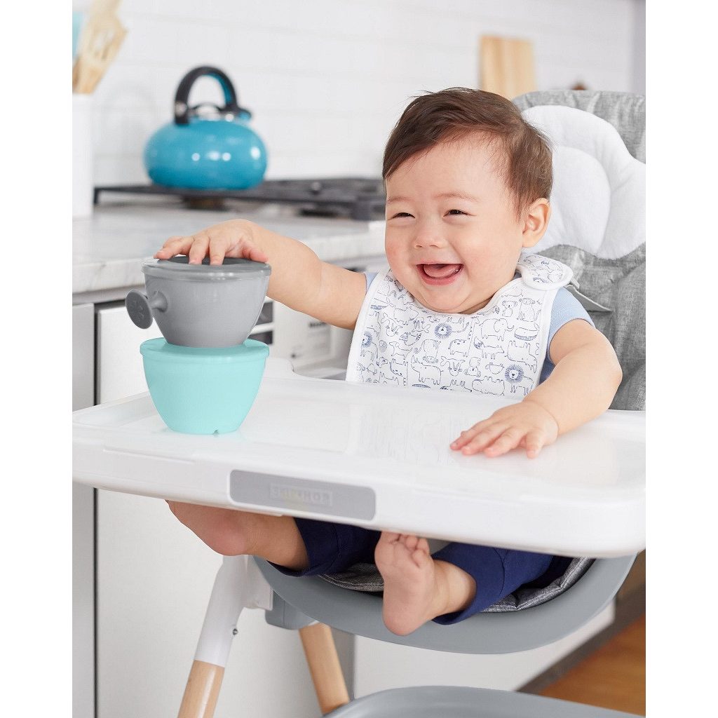SKIP HOP 5 darabos étkezési készlet pohárral Easy-Feed Mealtime Set Teal/Grey 6m+