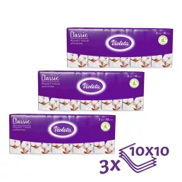   Violeta papírzsebkendő 3 rétegű - classic soft (3 csomag, 10x10 db)