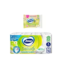   Zewa Deluxe Camomile Comfort toalettpapír 3 rétegű (16 tekercs) + Zewa Natural Camomile nedves toalettpapír (42 db)