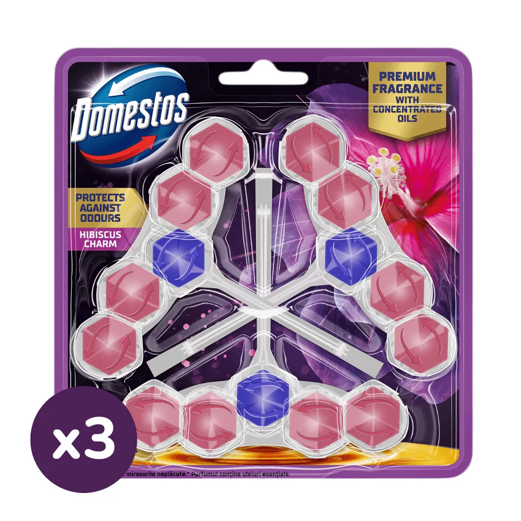 Domestos Aroma Lux WC frissítő blokk, Hibiscus Charm, koncentrált illóolajokkal (3x3x50 g)