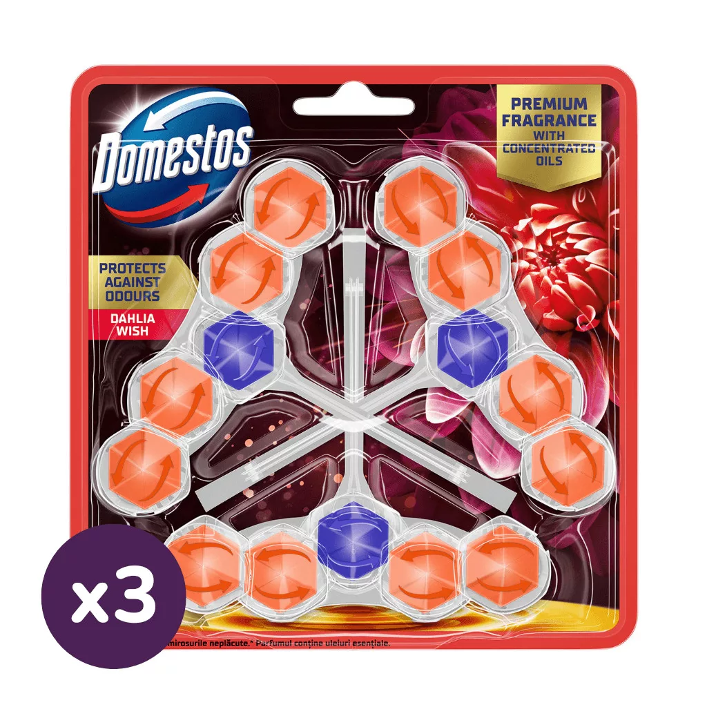 Domestos Aroma Lux WC frissítő blokk, Dahlia Wish, koncentrált illóolajokkal (3x3x50 g)