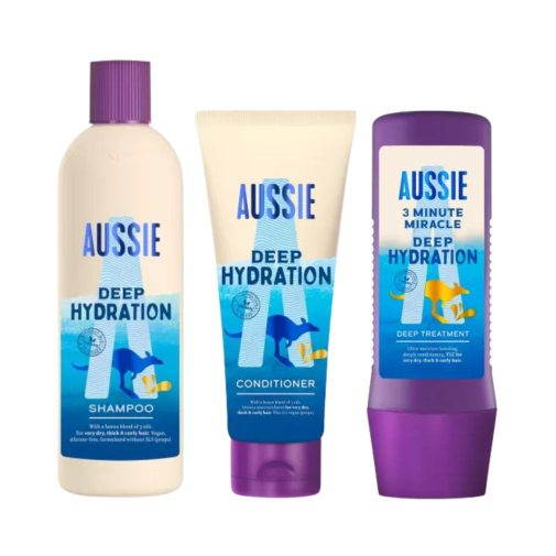 Aussie 3 Minute Miracle Deep Hydration Vegán mélypakolás és hajmaszk + Aussie Deep Hydration Vegán hajbalzsam + Aussie Deep Hydration Vegán sampon csomag