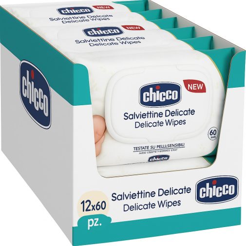 Chicco Soft & Pure kettős hatású, 98%-ban vízbázisú nedves törlőkendő, fedéllel (12x60 db)