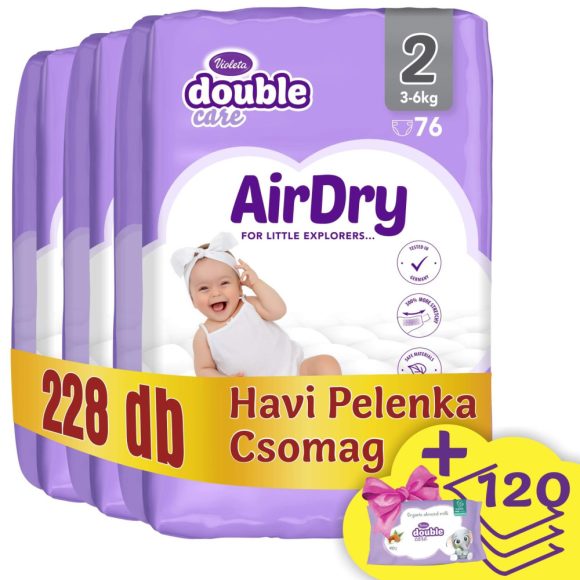 Violeta Double Care Air Dry nadrágpelenka 2, 3-6 kg, (+ 120 db ajándék törlőkendő), HAVI PELENKACSOMAG 228 db