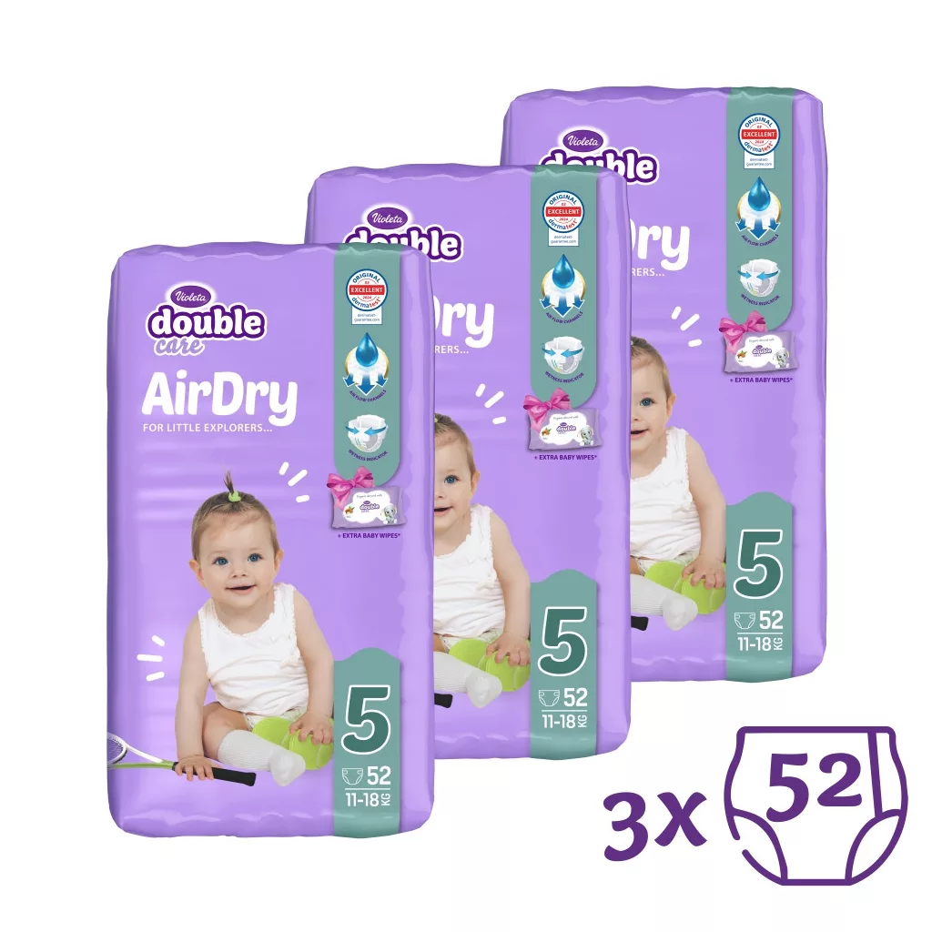 Violeta Double Care Air Dry nadrágpelenka 5, 11-18 kg, (+ 120 db ajándék törlőkendő), HAVI PELENKACSOMAG 156 db