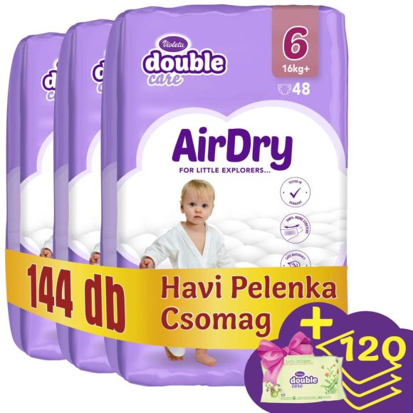 Violeta Double Care Air Dry nadrágpelenka 6, 16+ kg, (+ 120 db ajándék nedves toalettpapír), HAVI PELENKACSOMAG 144 db