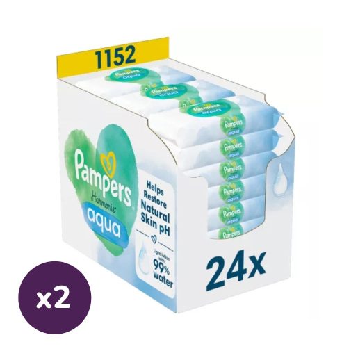 INGYENES SZÁLLÍTÁS - Pampers Harmonie Aqua Plastic Free műanyagmentes nedves törlőkendő (2x24x48 db)