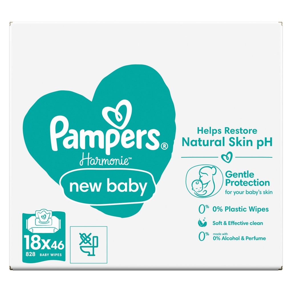 INGYENES SZÁLLÍTÁS - Pampers Harmonie New Baby Plastic Free műanyagmentes nedves törlőkendő (2x18x46 db)