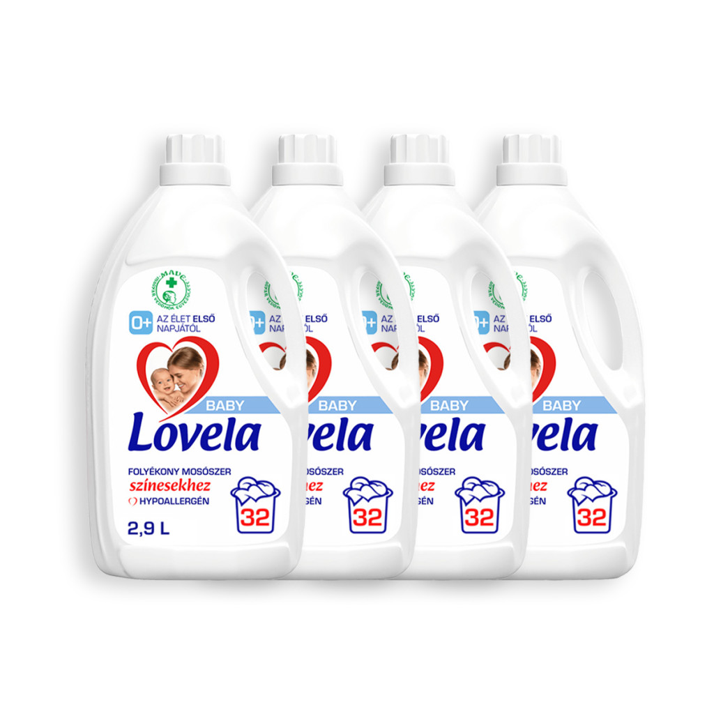 INGYENES SZÁLLÍTÁS - Lovela Baby hipoallergén folyékony mosószer színes ruhákhoz 4x2,9 liter (128 mosás)