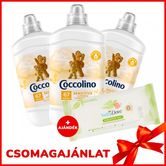 Coccolino Sensitive Almond öblítő 3x1680 ml (201 mosás) + AJÁNDÉK Baby Dove törlőkendővel