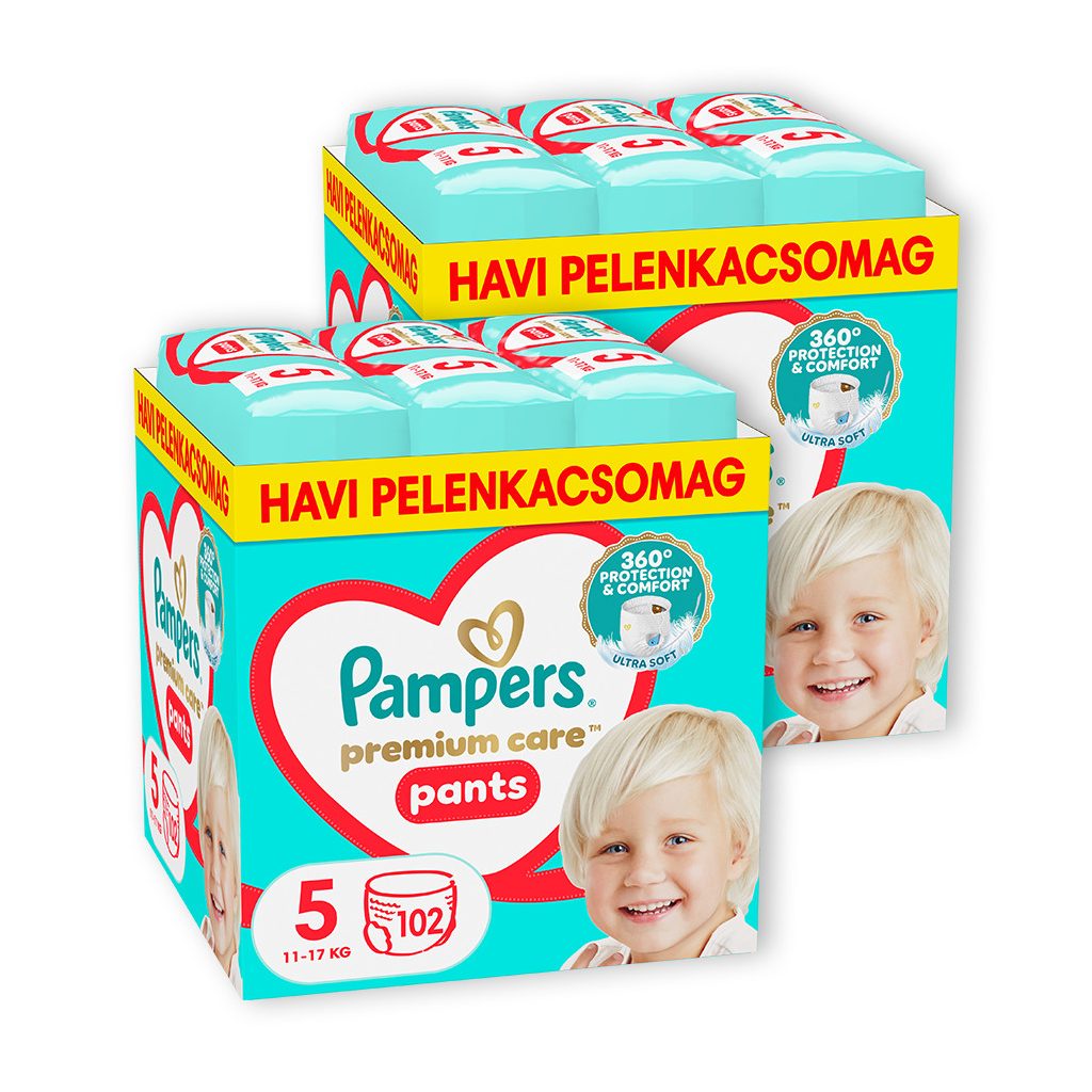 INGYENES SZÁLLÍTÁS - Pampers Premium Care Pants bugyipelenka 5, 11-17 kg 1+1, 204 db + ajándék Harmonie törlőkendő