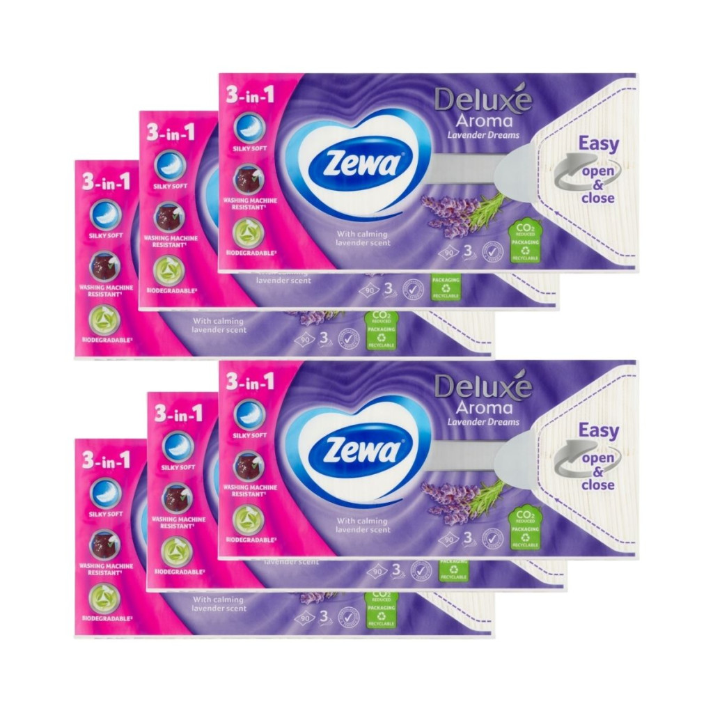 Zewa Deluxe Lavender Dreams 3 rétegű illatosított papírzsebkendő (6x90 db)