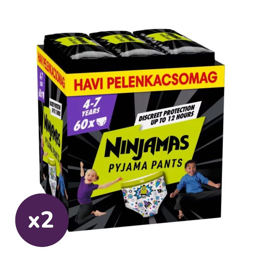 INGYENES SZÁLLÍTÁS - Pampers Ninjamas Pyjama Pants éjszakai bugyipelenka űrhajós 4-7, 17-30 kg, 120 db + ajándék Harmonie törlőkendő